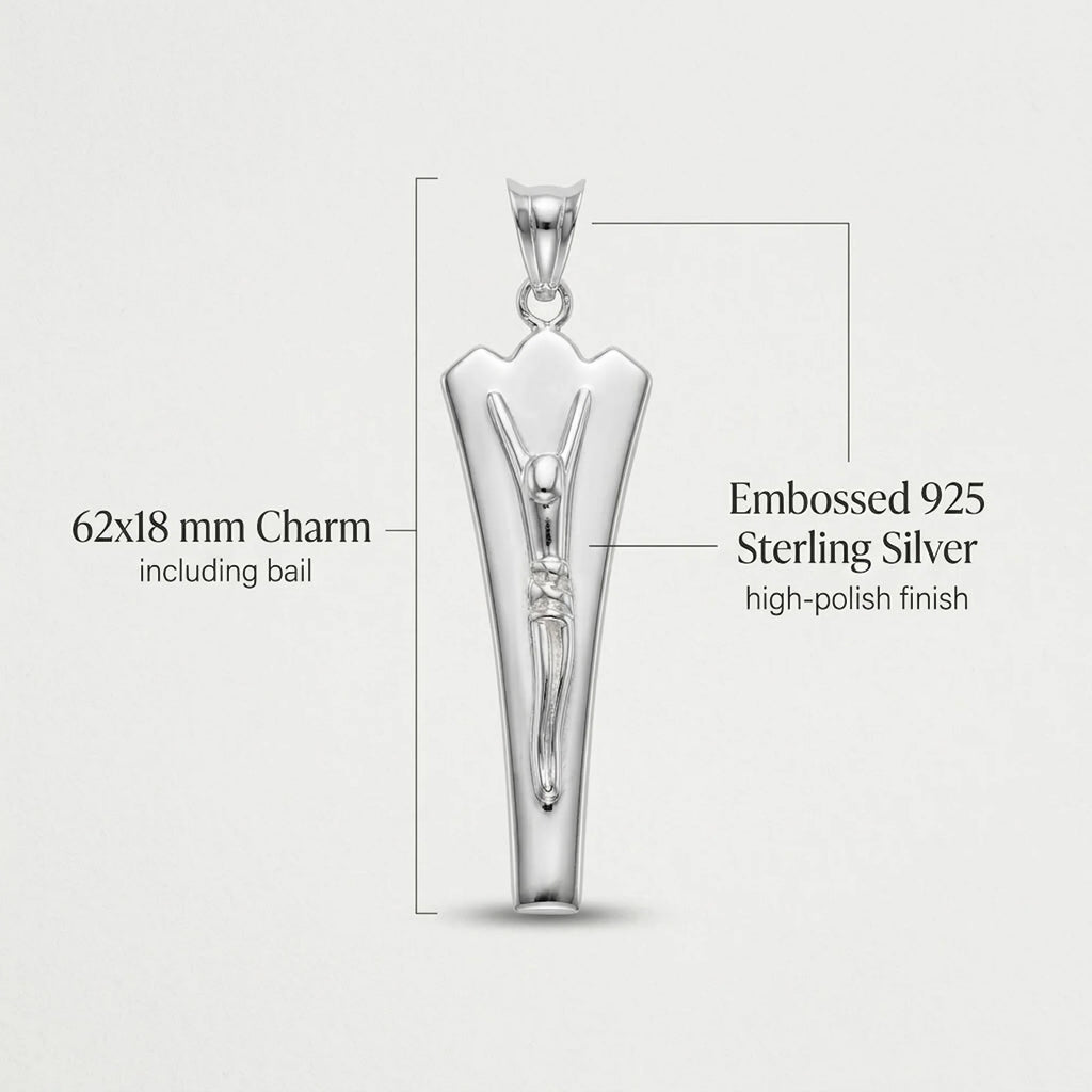 925 sterling silver Jesus pendant infographic showing 62 mm height, 18 mm upper width and embossed design