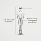 925 sterling silver Jesus pendant infographic showing 62 mm height, 18 mm upper width and embossed design