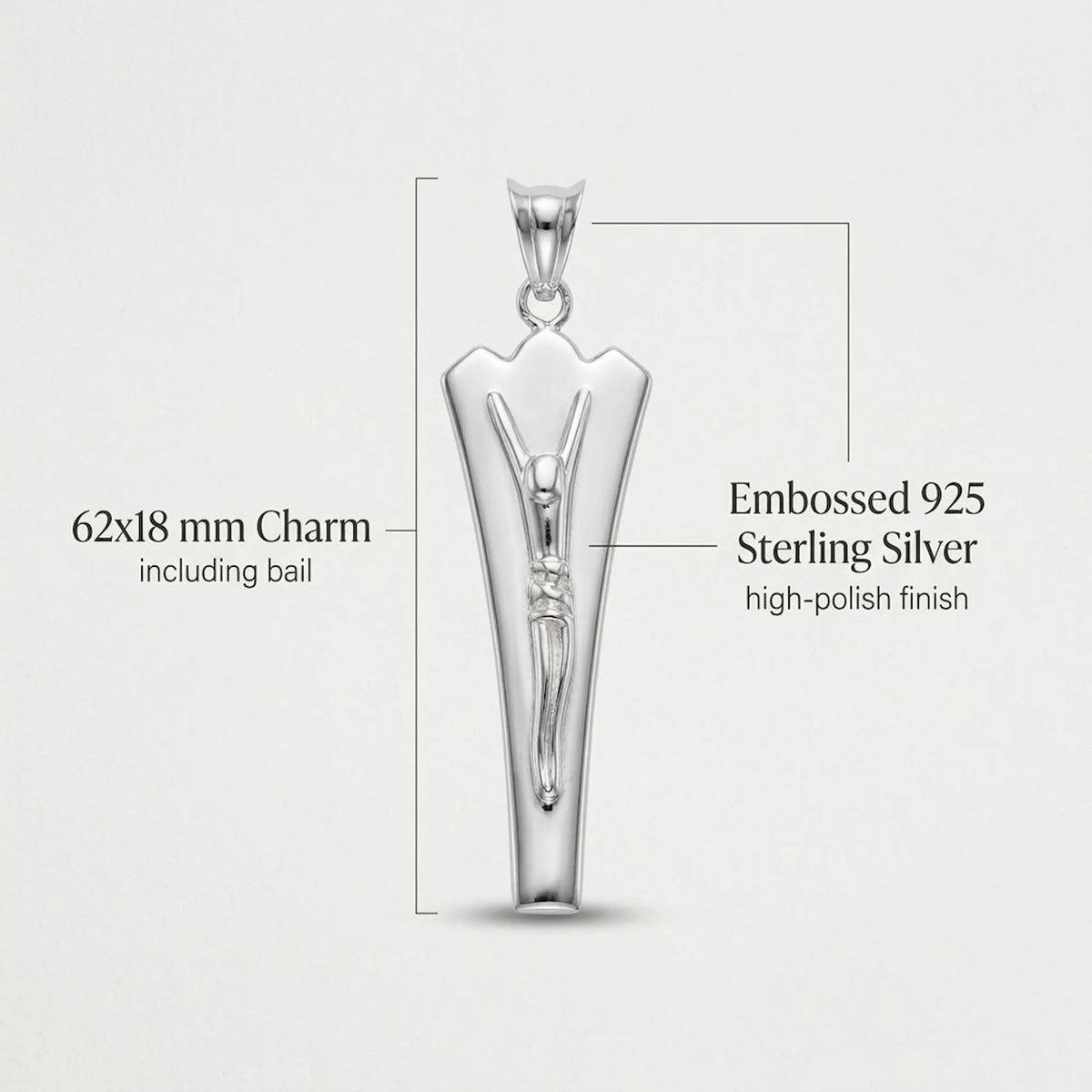 925 sterling silver Jesus pendant infographic showing 62 mm height, 18 mm upper width and embossed design