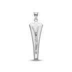 925 silver Jesus pendant with embossed Y-shaped Christ figure and tapered mirror-polished form on white background.