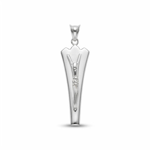 925 silver Jesus pendant with embossed Y-shaped Christ figure and tapered mirror-polished form on white background.