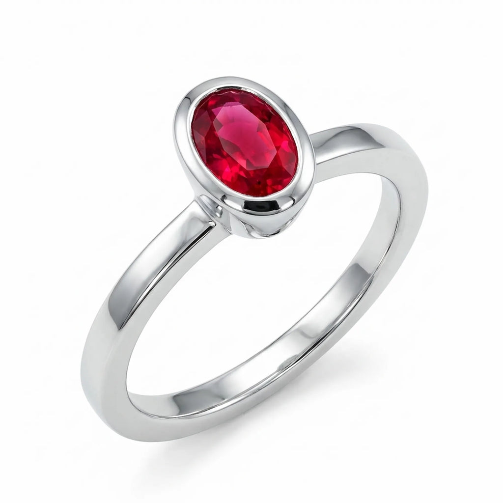 925 silver ring with oval bezel lab created ruby in sterling silver, designed as a stackable ring for women