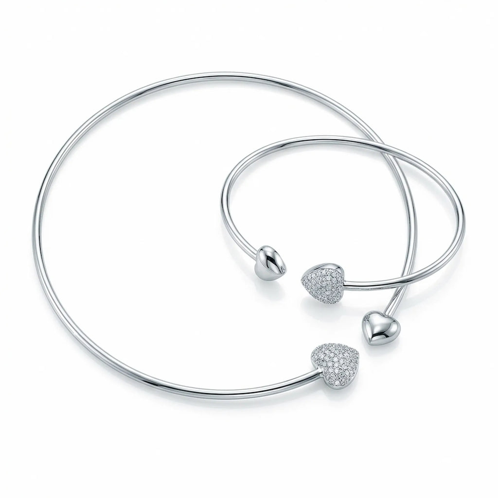 Front view of the luxury 925 silver solid collar necklace and matching bangle set featuring a cubic zirconia pave heart pendant on a white background.