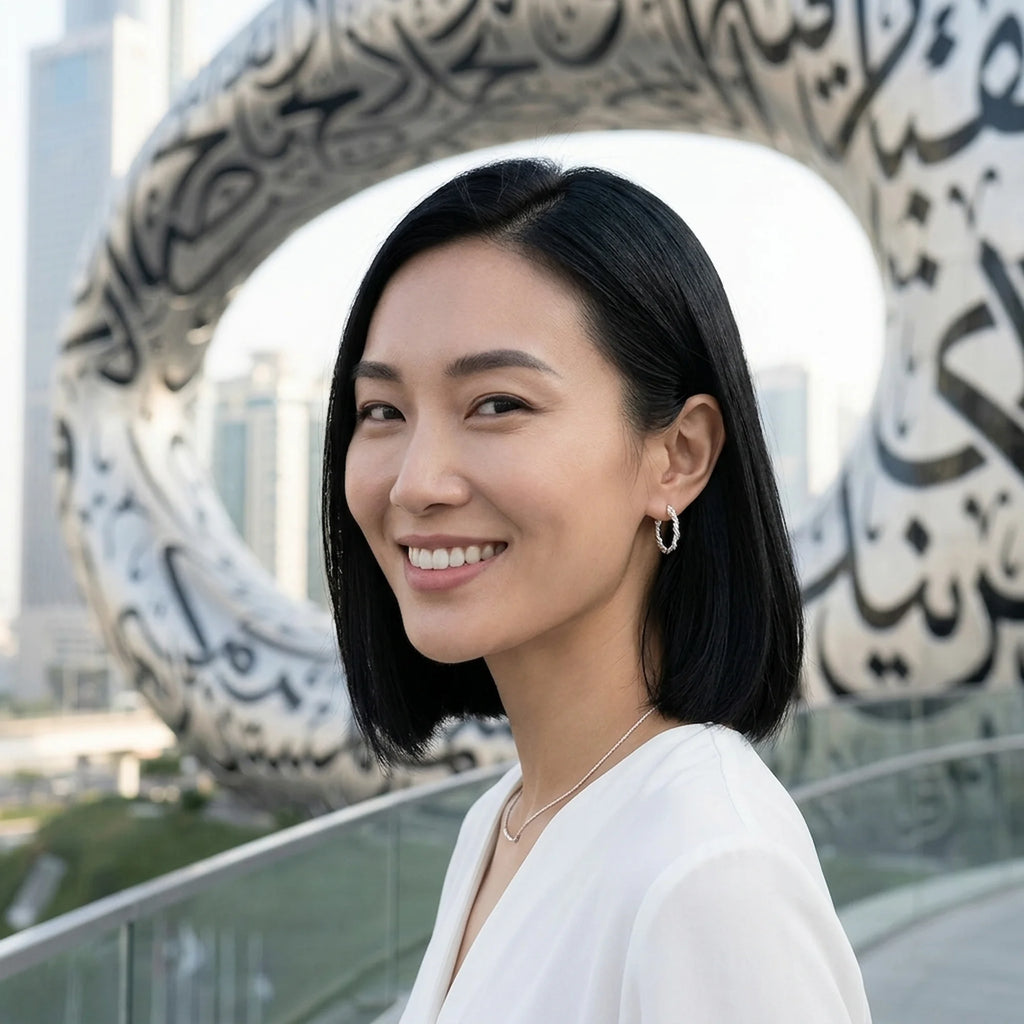 Woman wearing 925 silver stacking hoop earrings near the Future museum, an everyday gift in Dubai.
