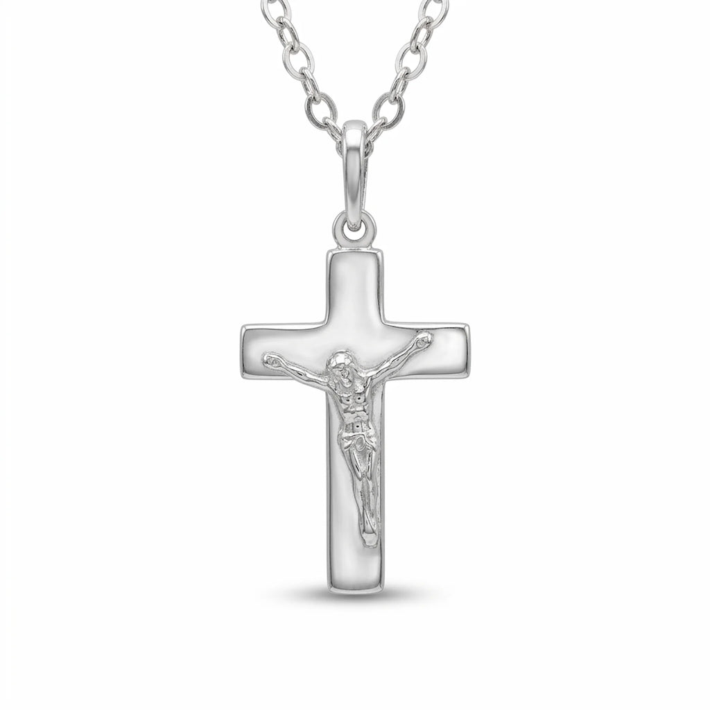 925 sterling silver cross necklace with small polished crucifix and 45 cm cable chain, Made in Italy.