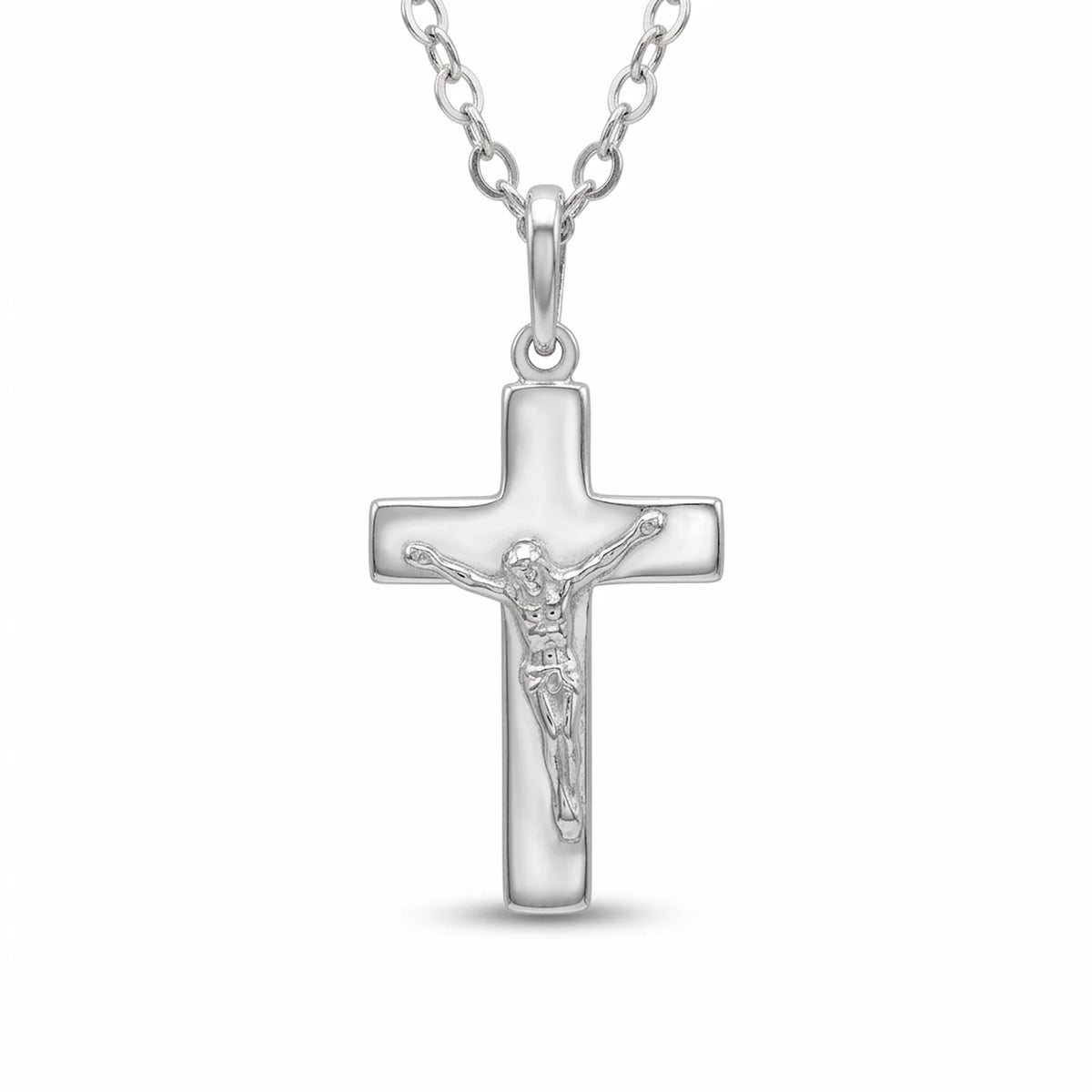 925 sterling silver cross necklace with small polished crucifix and 45 cm cable chain, Made in Italy.