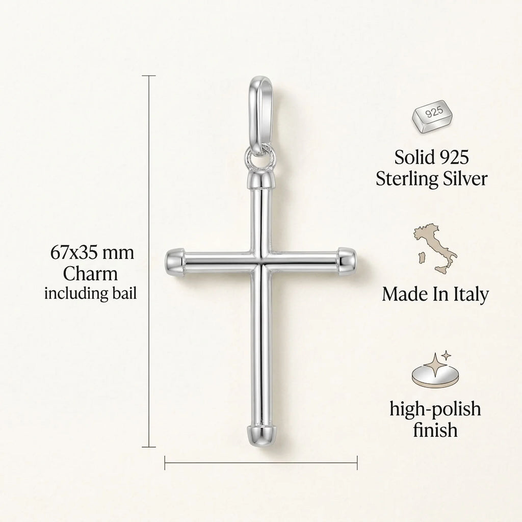 925 sterling silver cross pendant size infographic showing 67 × 35 mm, Made in Italy and high-polish finish in Dubai.