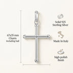925 sterling silver cross pendant size infographic showing 67 × 35 mm, Made in Italy and high-polish finish in Dubai.