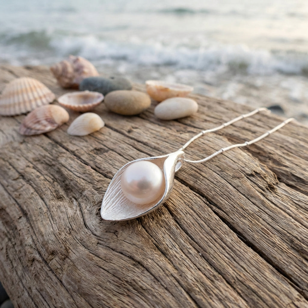 Sterling Silver Calla Lily Pearl Pendant Necklace for Bridal and Anniversary Gifting