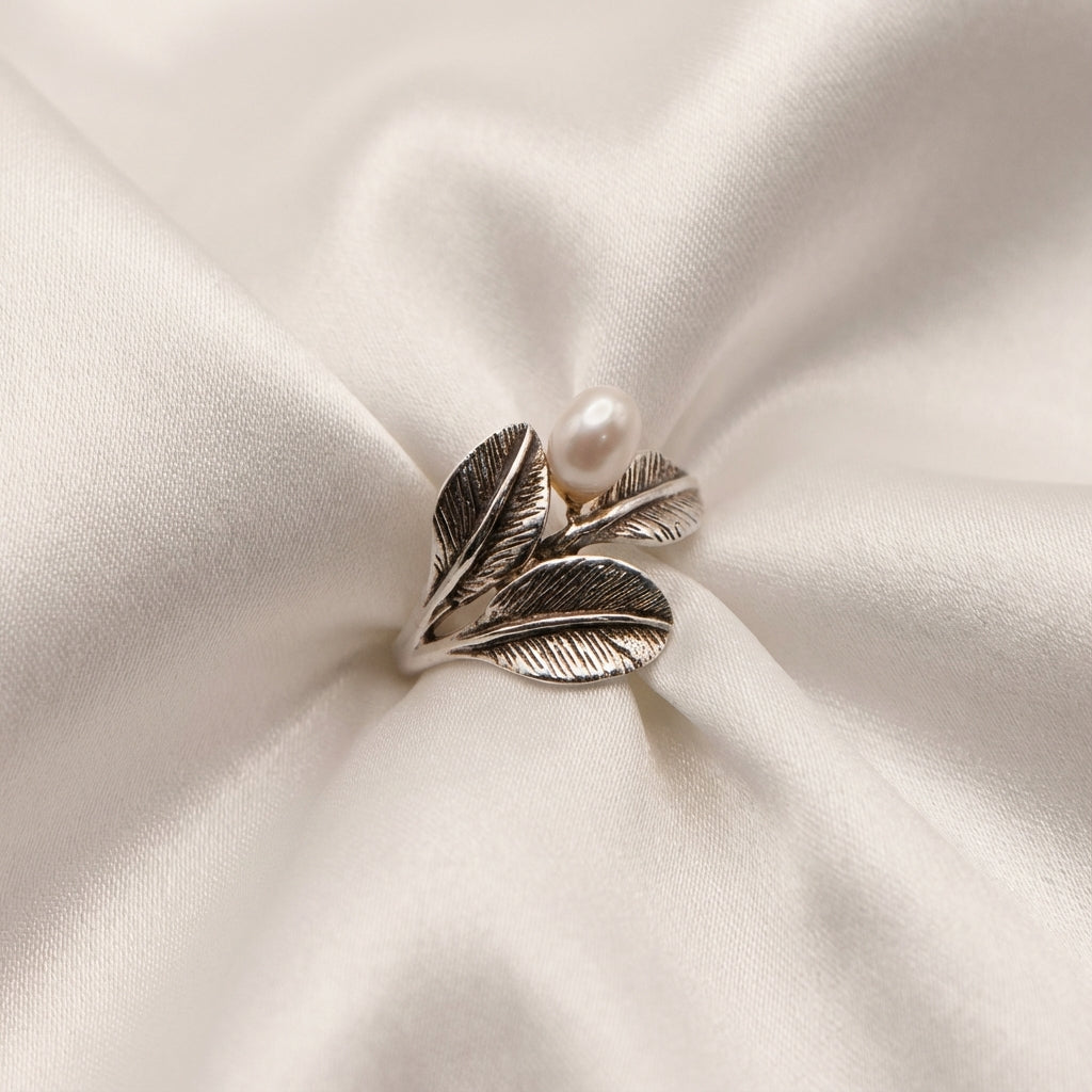 Flora Pearl Ring Sterling Silver Leaf Design with Freshwater Pearl