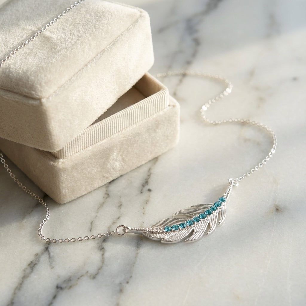 Feather Necklace in 925 Sterling Silver with Turquoise Swarovski
