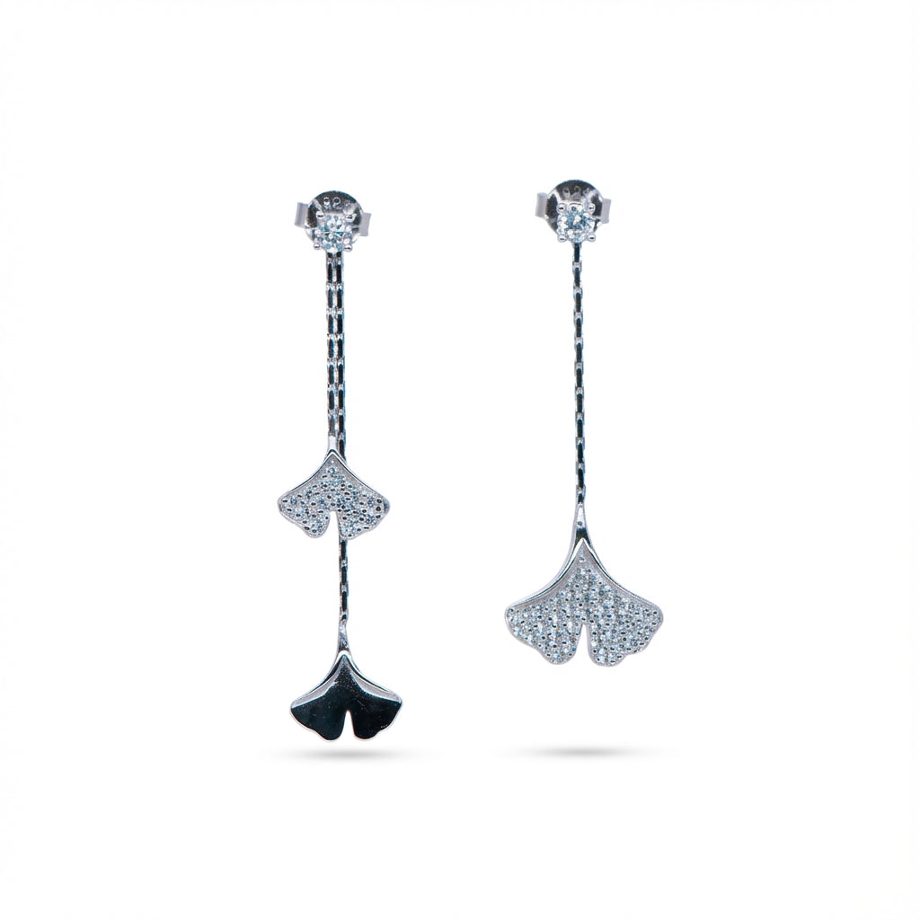 Folia Lucida Ginkgo Leaf Drop Earrings in 925 Sterling Silver – Rhodium & 18K Gold