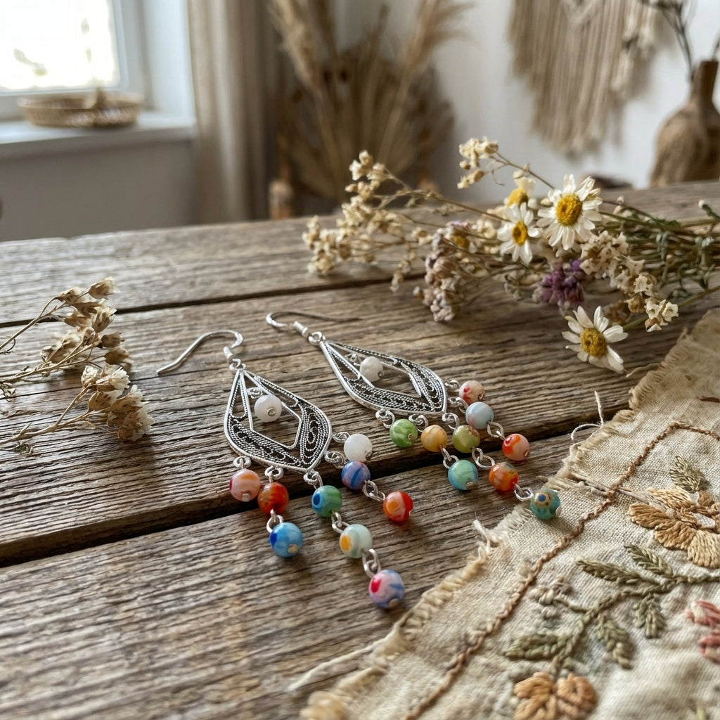 Silver drop earrings with colorful morano beads on a wooden surface with dried flowers.