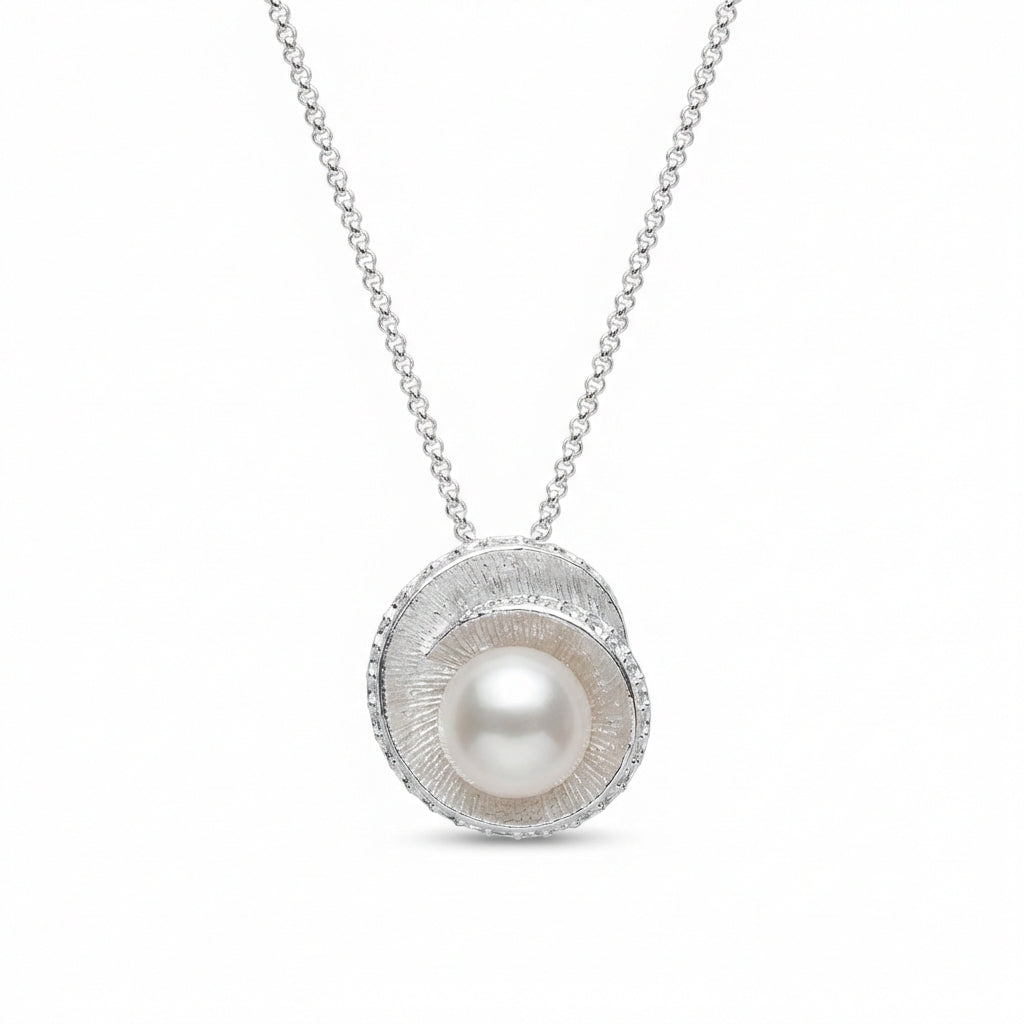 Sterling Silver Spiral Pearl Pendant Necklace with Textured Popcorn Chain Halo Design