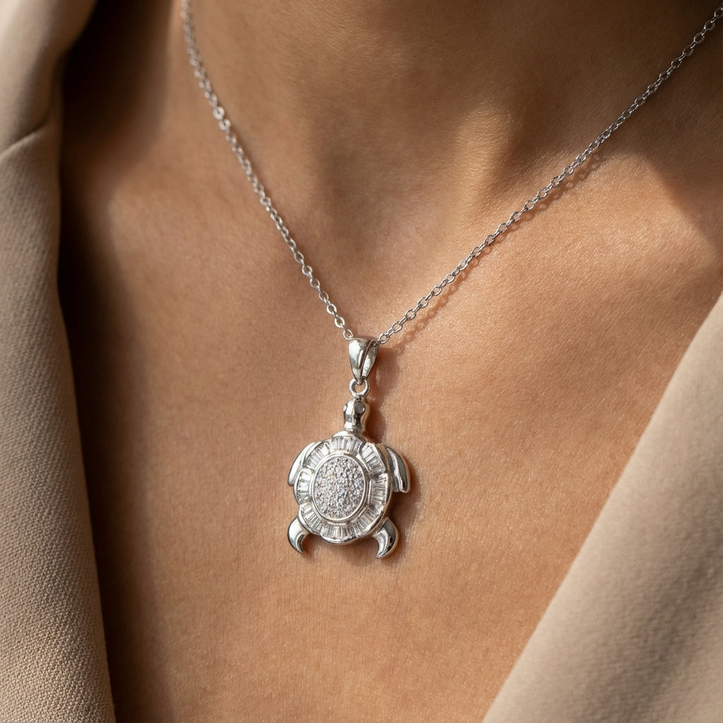 Moon Goddess Sea Turtle Necklace in 925 Sterling Silver