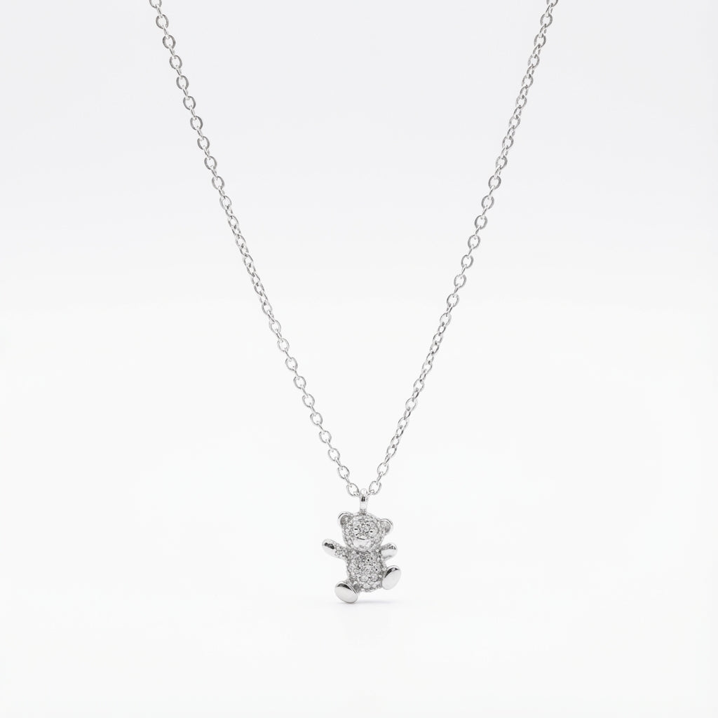 Sterling Silver Pavé Teddy Bear Pendant Necklace with CZ Crystals