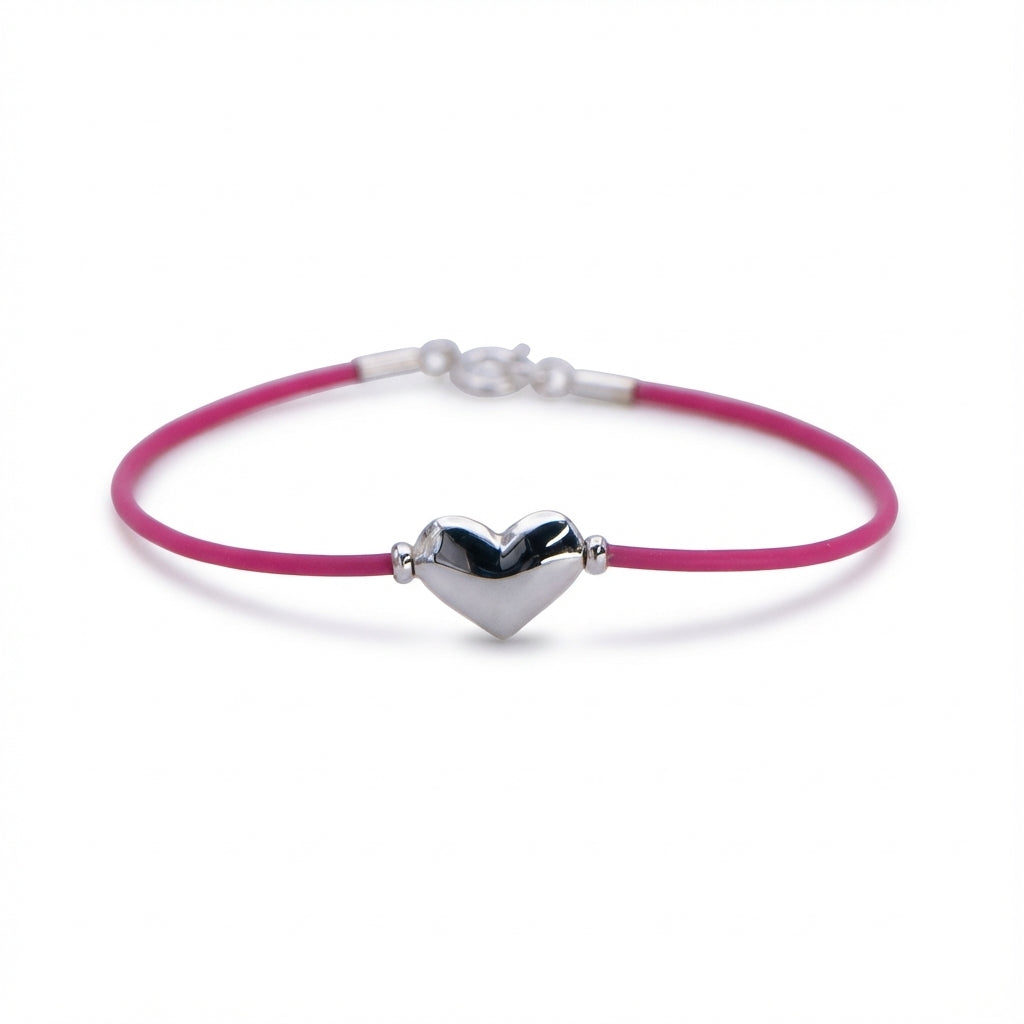 Silver Heart Bracelet on Vivid Pink Rubber Cord
