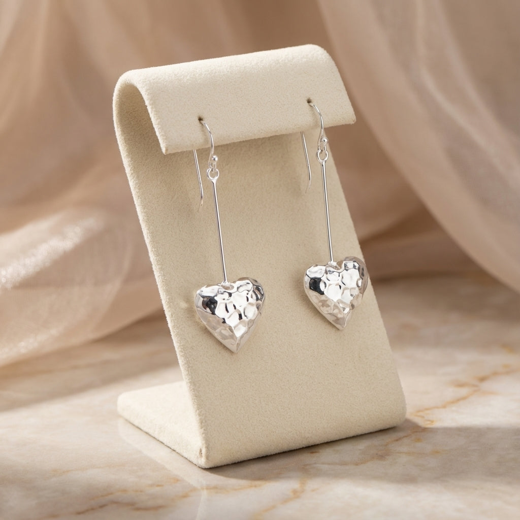 Hammered Sterling Silver Heart Earrings Long Drop Minimal Style