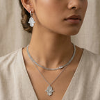 طقم قلادة وأقراط من الفضة الإسترلينية بتصميم خمسة وخميسة متعددة الطبقات - لؤلؤ طبيعي وسلسلة مزدوجة