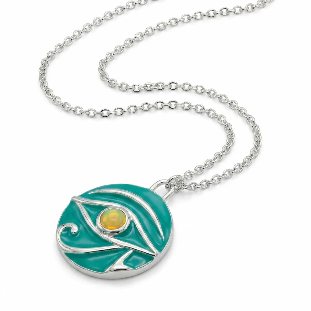 Angle Image of Necklace with a Teal green pendant featuring a yellow Opal on a white background