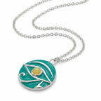 Angle Image of Necklace with a Teal green pendant featuring a yellow Opal on a white background