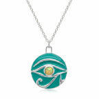 round silver pendant necklace with teal enamel detail and central yellow opal stone on a fine chain