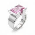 Fuchsia pink rectangular sapphire cocktail ring in polished sterling silver with bold Art Deco structure