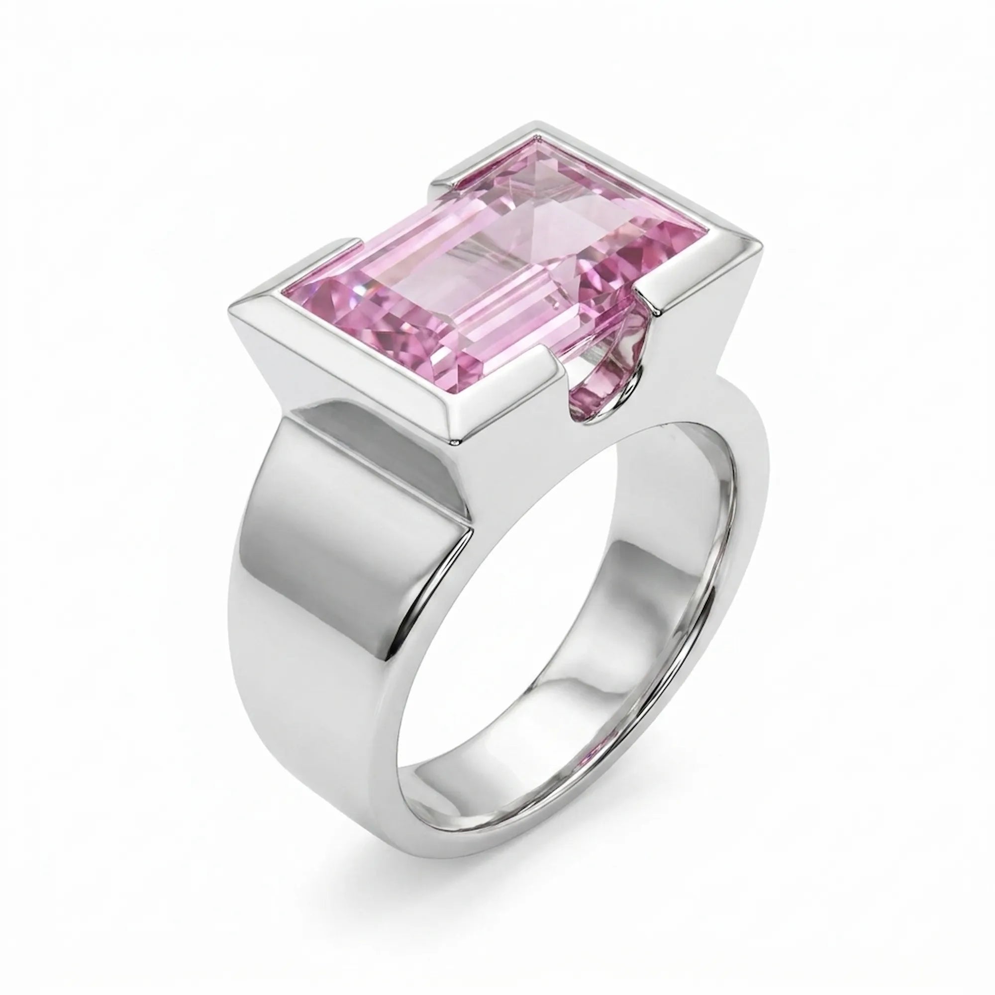 Fuchsia pink rectangular sapphire cocktail ring in polished sterling silver with bold Art Deco structure