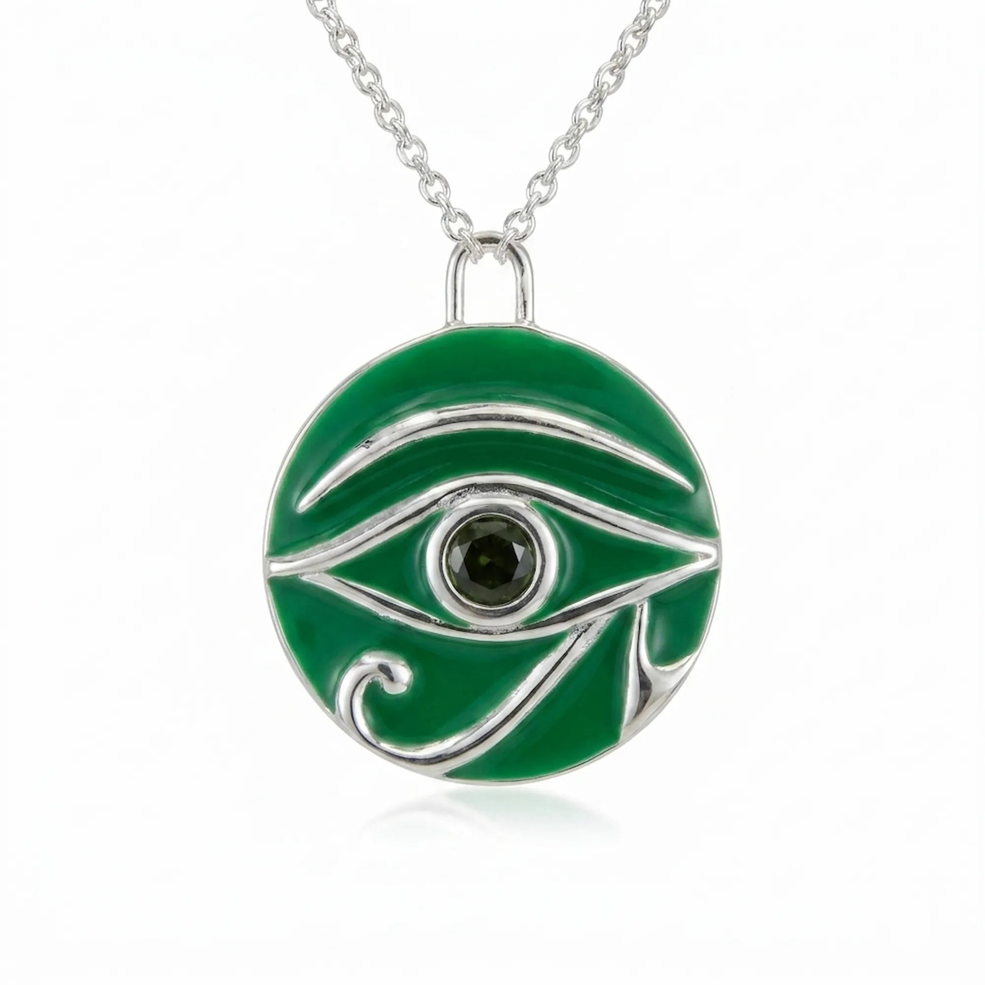 Round silver pendant with green enamel Eye of Horus design and central peridot stone