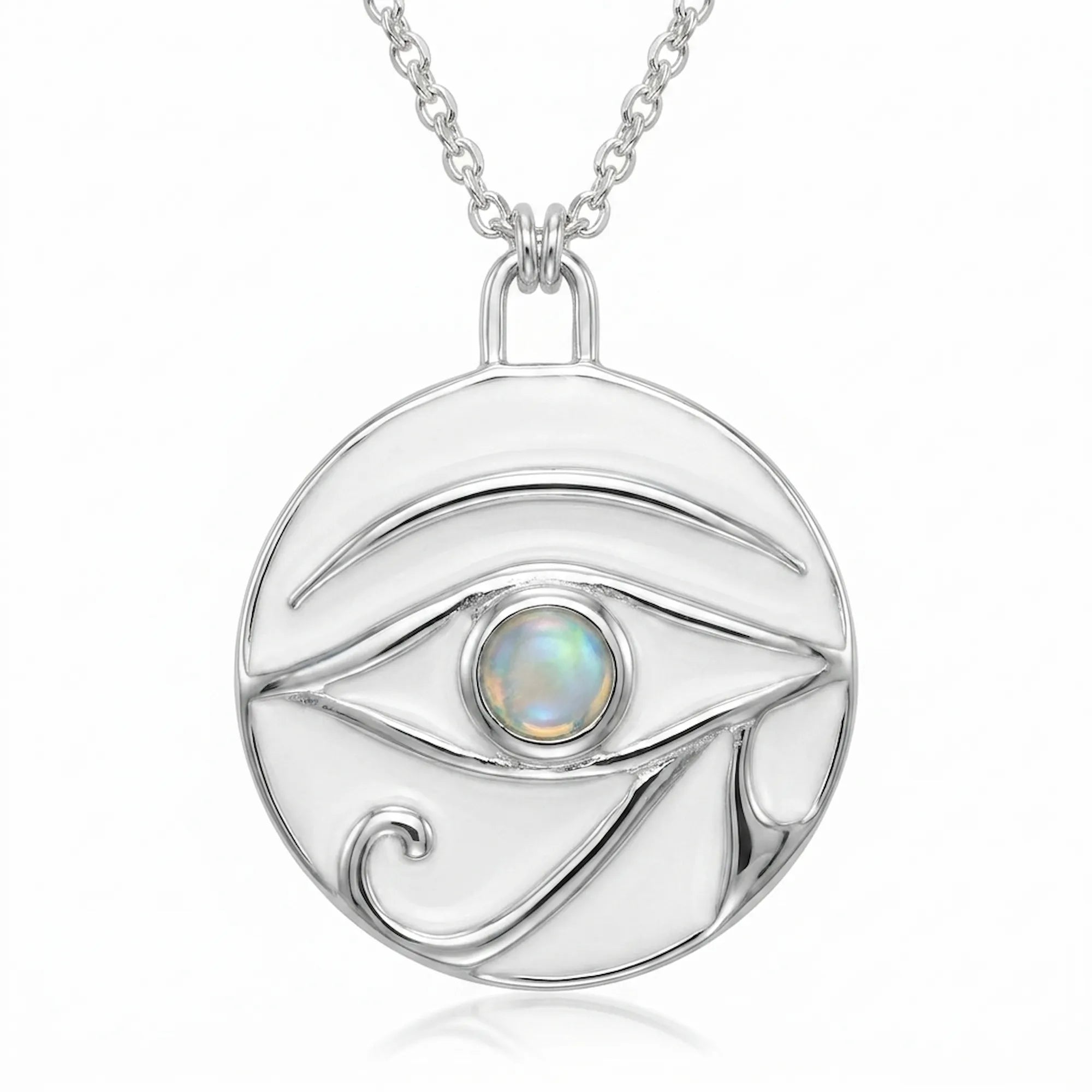 Round silver pendant with white enamel Eye of Horus design and central white opal stone