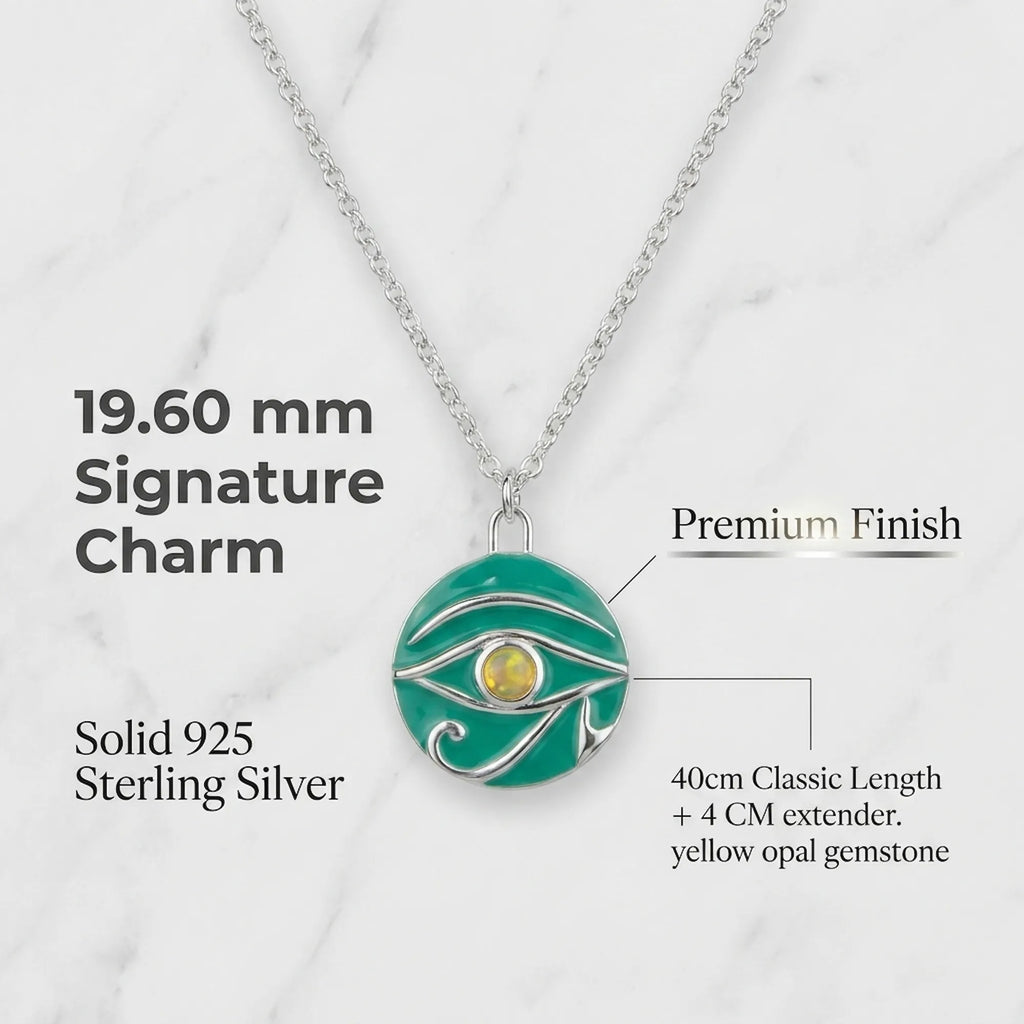 Feature Breakdown Teal pendant necklace with yellow opal gemstone on a white background
