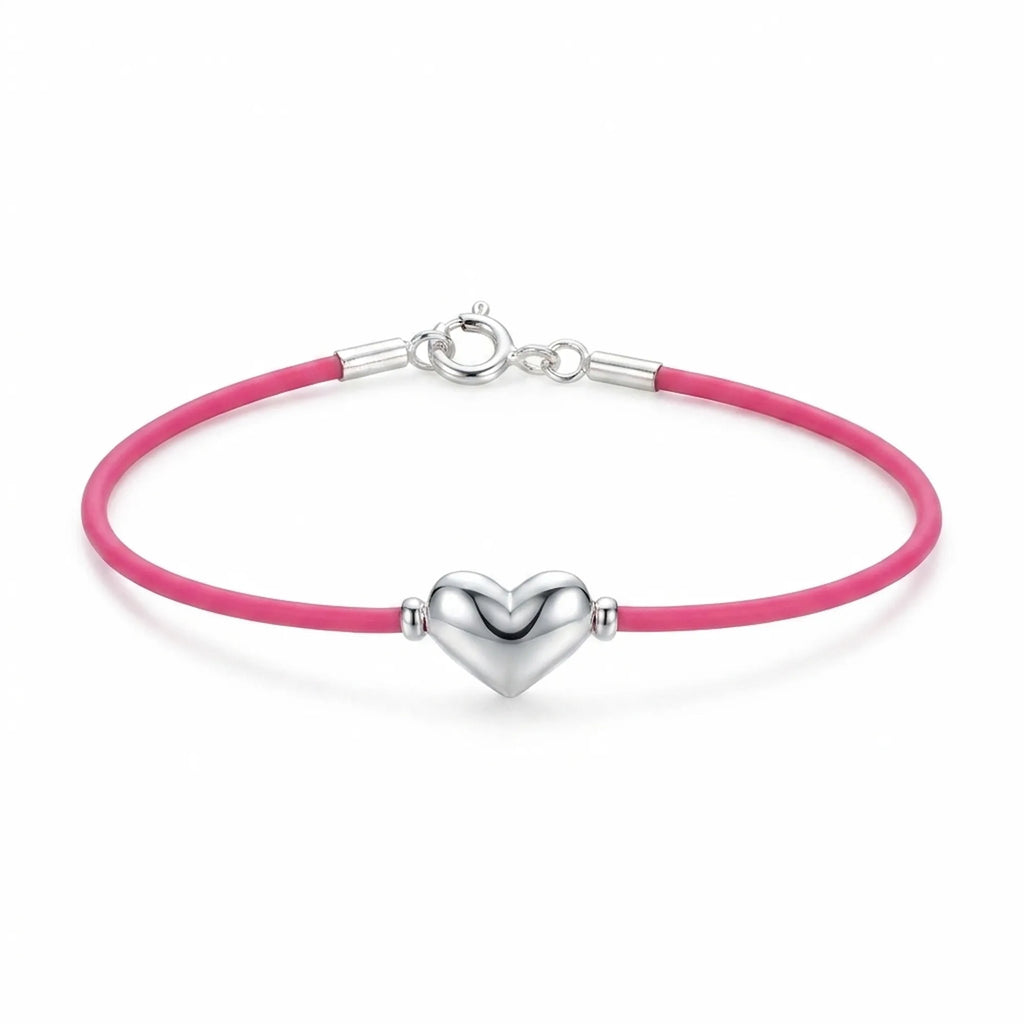 Silver heart bracelet on a pink waterproof cord with sterling spring-ring clasp, 925 sterling silver UAE