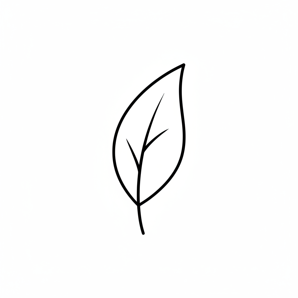 Black line drawing of a leaf on a white background