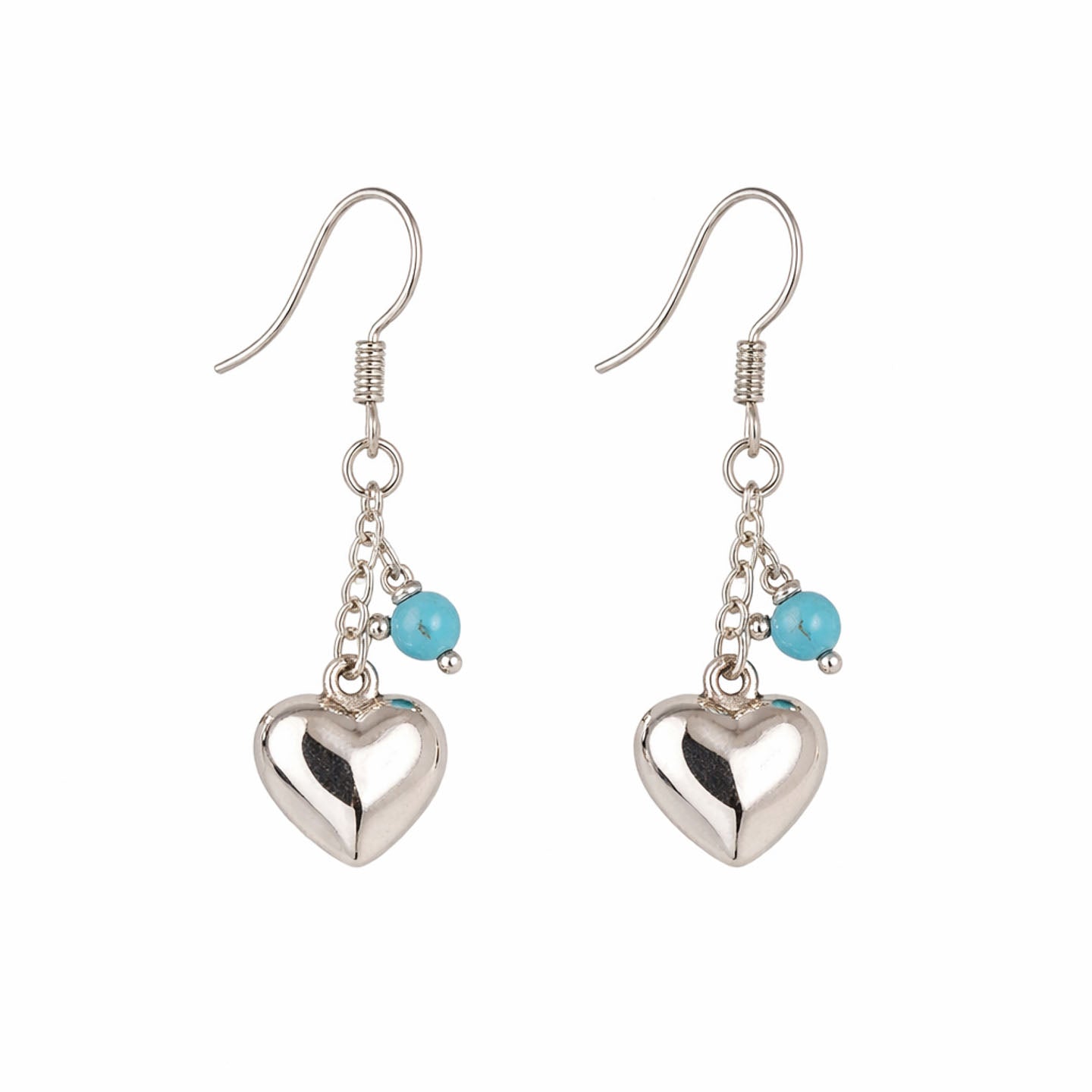 Sterling Silver Puffed Heart Earrings – Dangle Bead Charm (Red, Purple, Blue)