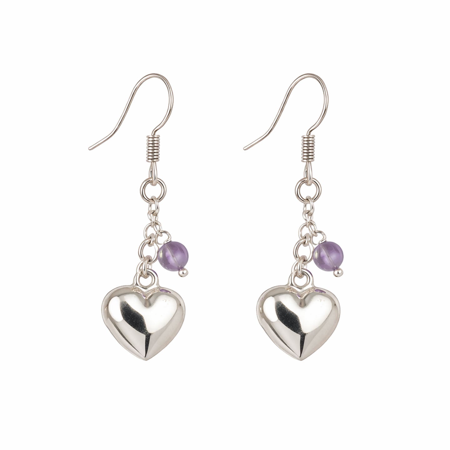 Sterling Silver Puffed Heart Earrings – Dangle Bead Charm (Red, Purple, Blue)