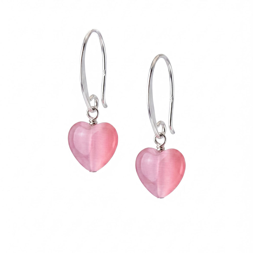 Rose Quartz Cat’s Eye Heart Dangle Earrings in 925 Sterling Silver
