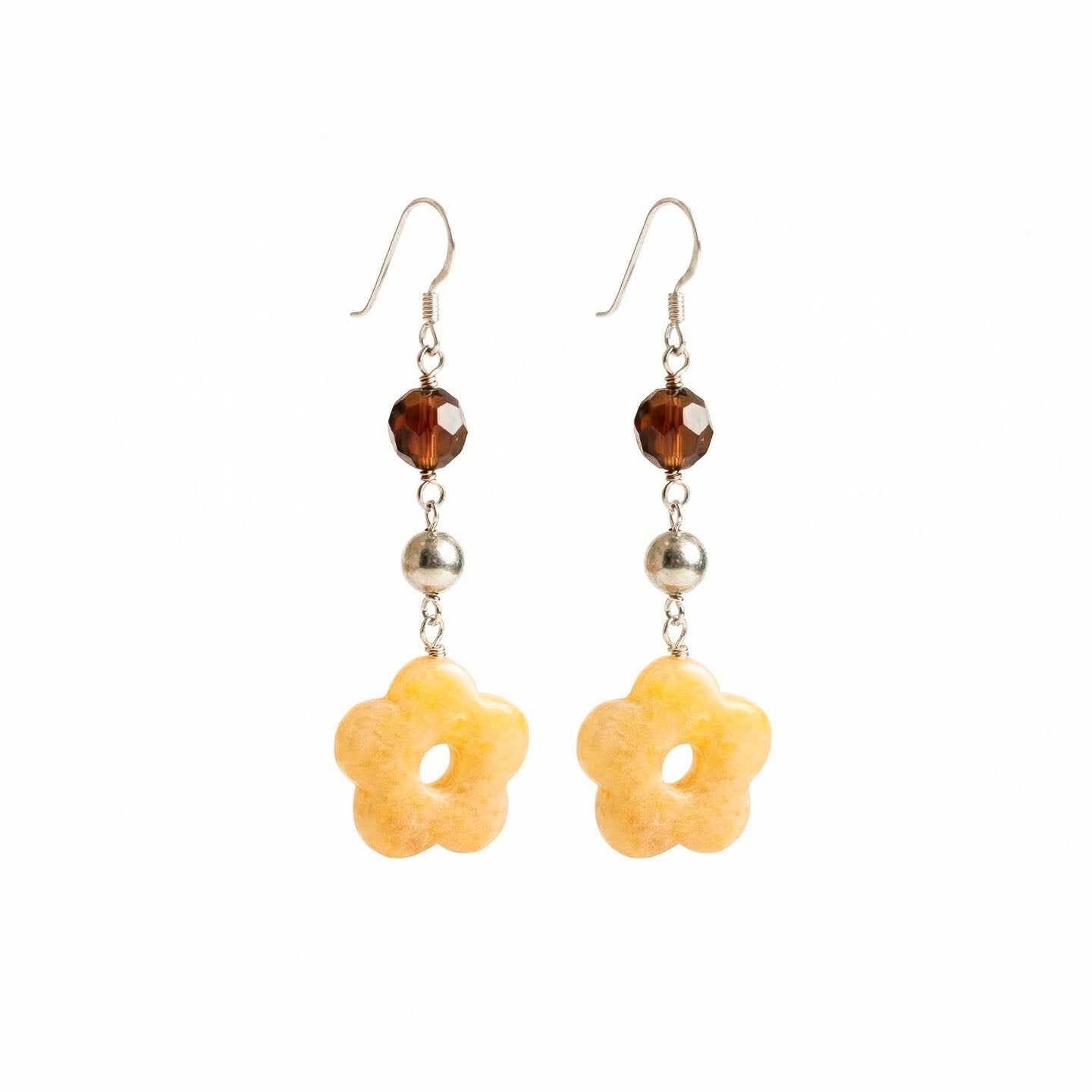 Hand-carved Yellow Carnelian flower earrings in 925 sterling silver — honey-toned 5-petal blossoms with amber crystal accents and shepherd hook closures.