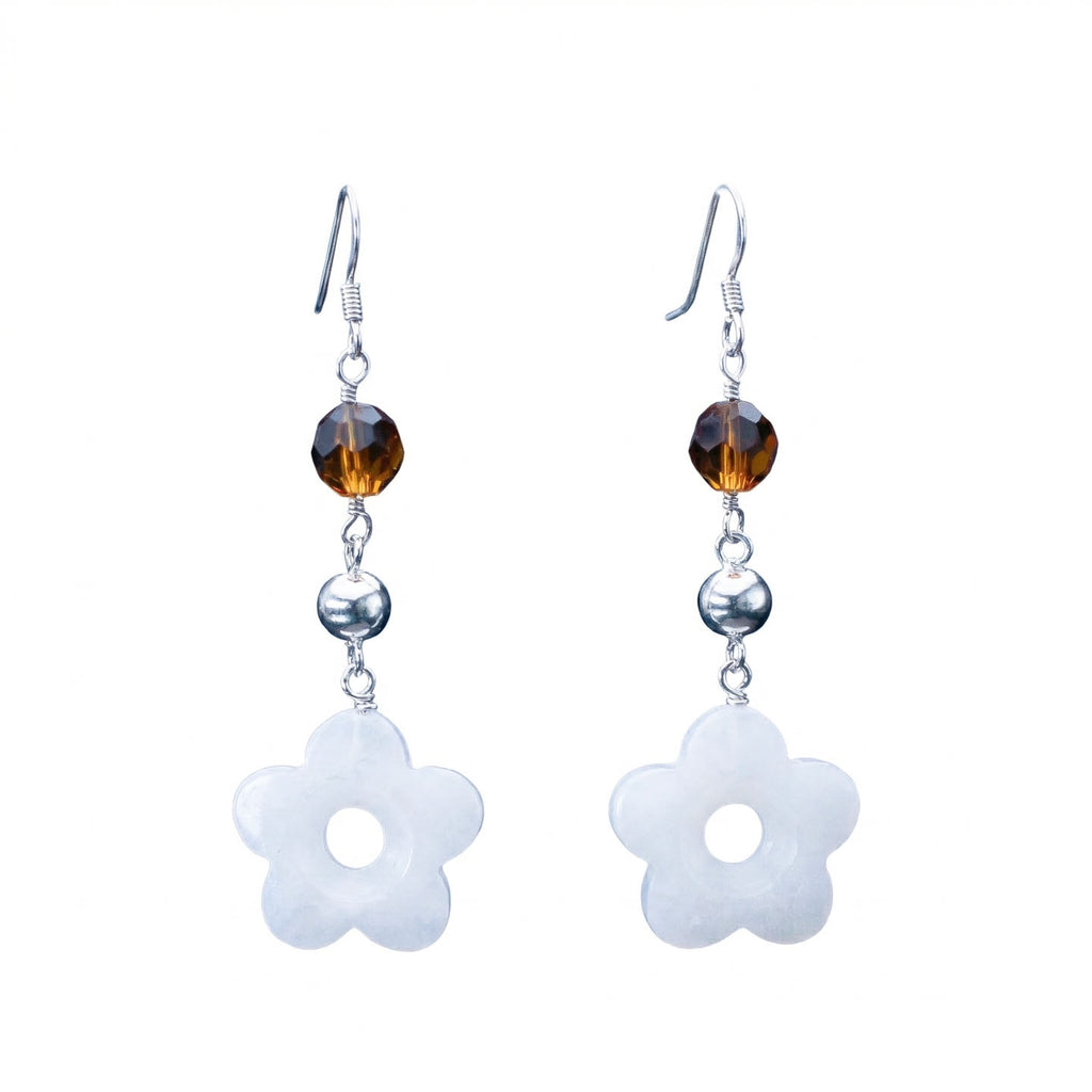 Sterling Silver Flower Earrings – Angelic Snow Quartz & Yellow Carnelian Crystal Drops