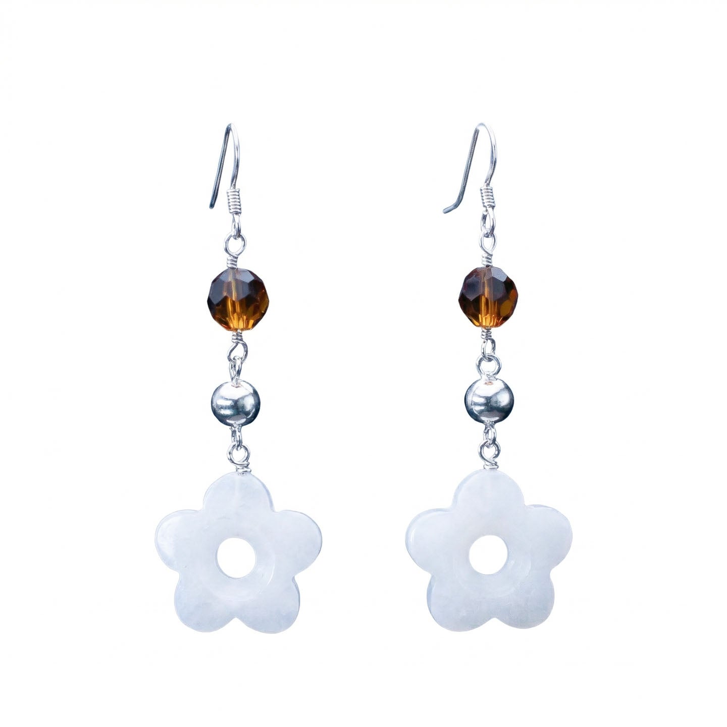 Sterling Silver Flower Earrings – Angelic Snow Quartz & Yellow Carnelian Crystal Drops