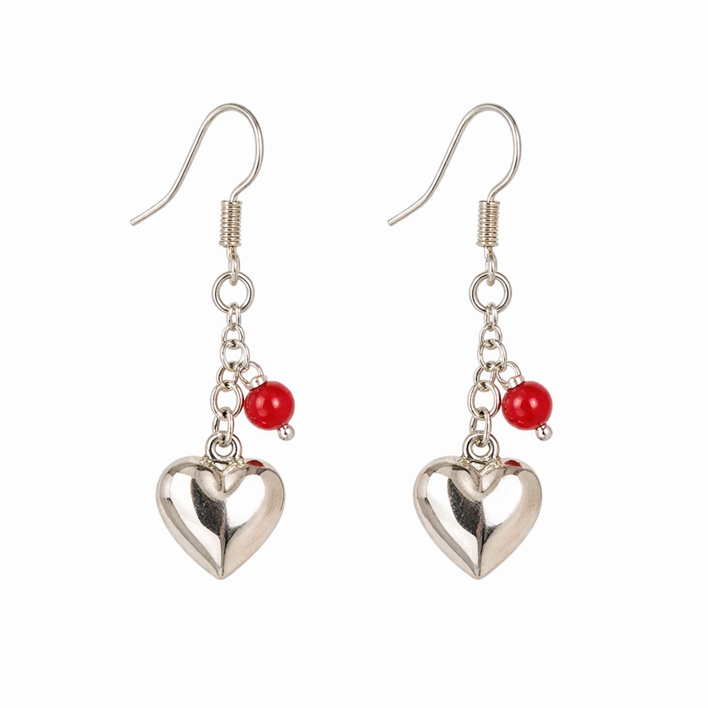 Sterling Silver Puffed Heart Earrings – Dangle Bead Charm (Red, Purple, Blue)