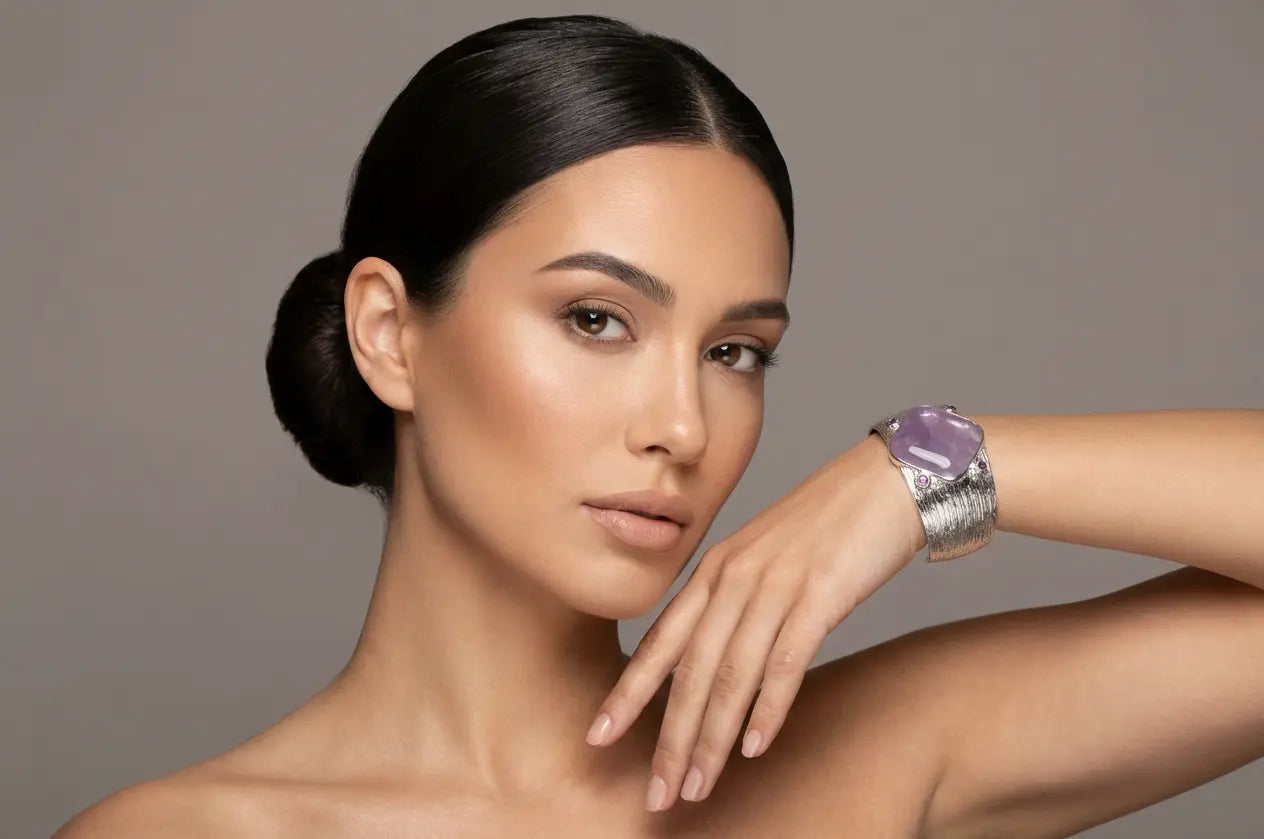 925 silver bangle with lavender quartz gemstone - handmade jewelry in Dubai, located opposite Museum of the Future.
