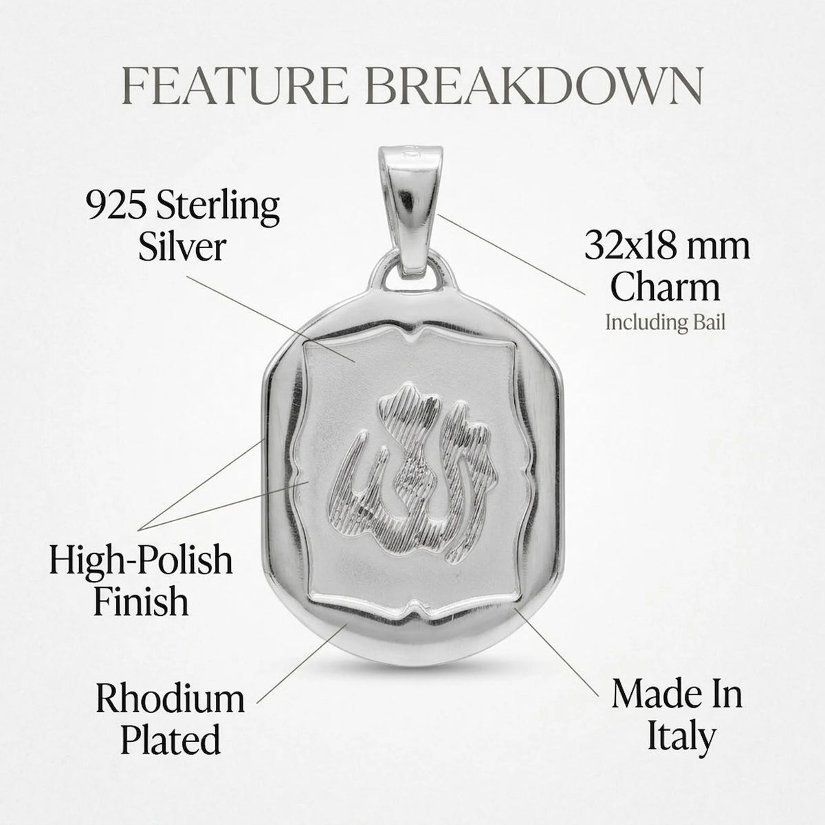 Feature diagram of Italian 925 silver Allah charm pendant identifying 32 by 18 mm dimensions, rhodium plating and polished border.