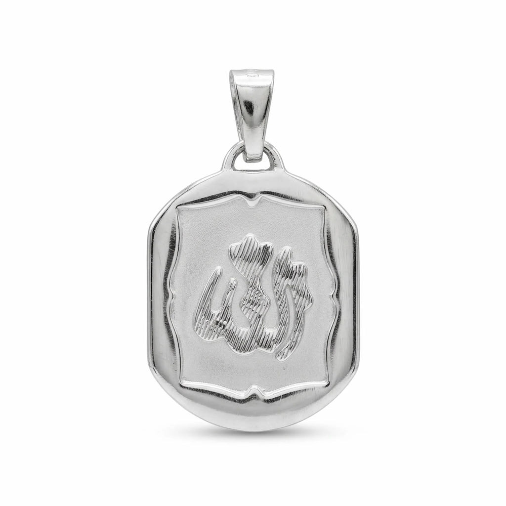 Framed Allah charm pendant in 925 sterling silver with satin shield-shaped centre, textured raised Arabic lettering and polished edge.