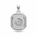 Framed Allah charm pendant in 925 sterling silver with satin shield-shaped centre, textured raised Arabic lettering and polished edge.