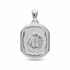 Framed Allah charm pendant in 925 sterling silver with satin shield-shaped centre, textured raised Arabic lettering and polished edge.