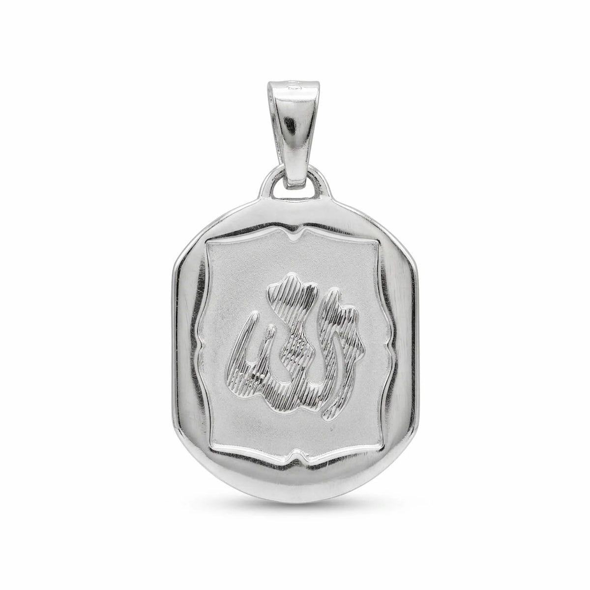 Framed Allah charm pendant in 925 sterling silver with satin shield-shaped centre, textured raised Arabic lettering and polished edge.
