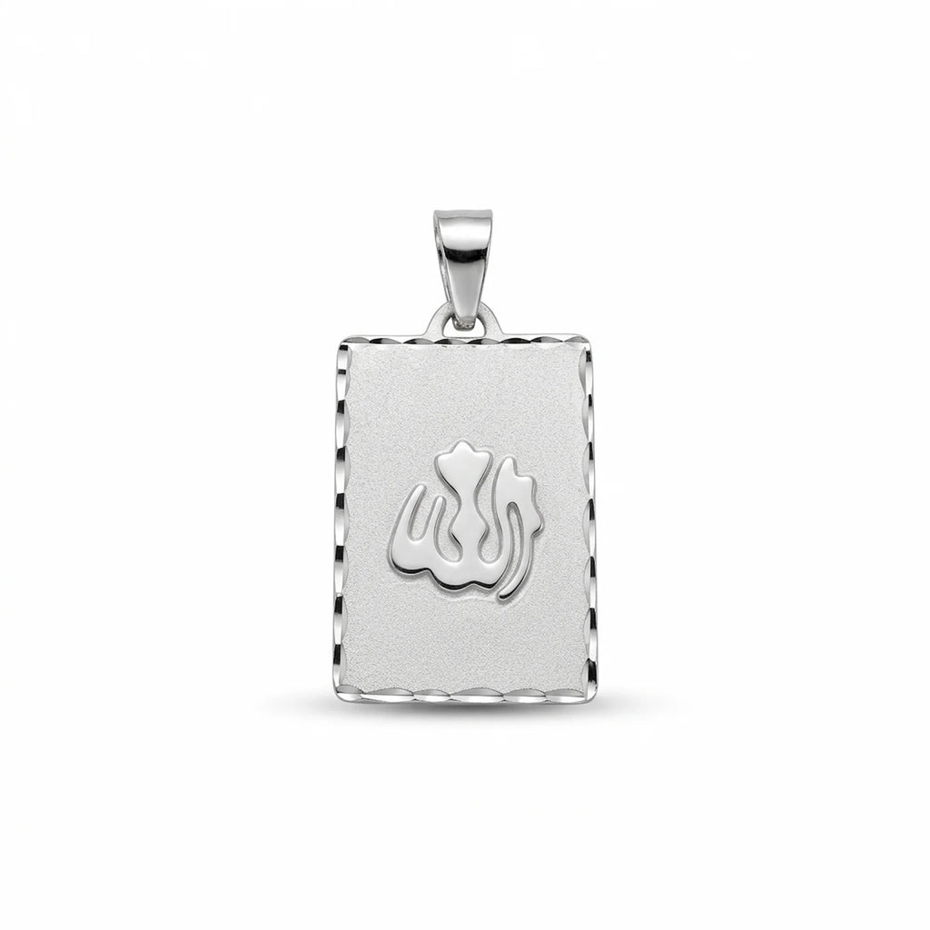Rectangular Allah name pendant in 925 sterling silver with raised Arabic calligraphy, frosted face and diamond-cut scalloped border.