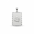 Rectangular Allah name pendant in 925 sterling silver with raised Arabic calligraphy, frosted face and diamond-cut scalloped border.