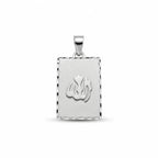 Rectangular Allah name pendant in 925 sterling silver with raised Arabic calligraphy, frosted face and diamond-cut scalloped border.
