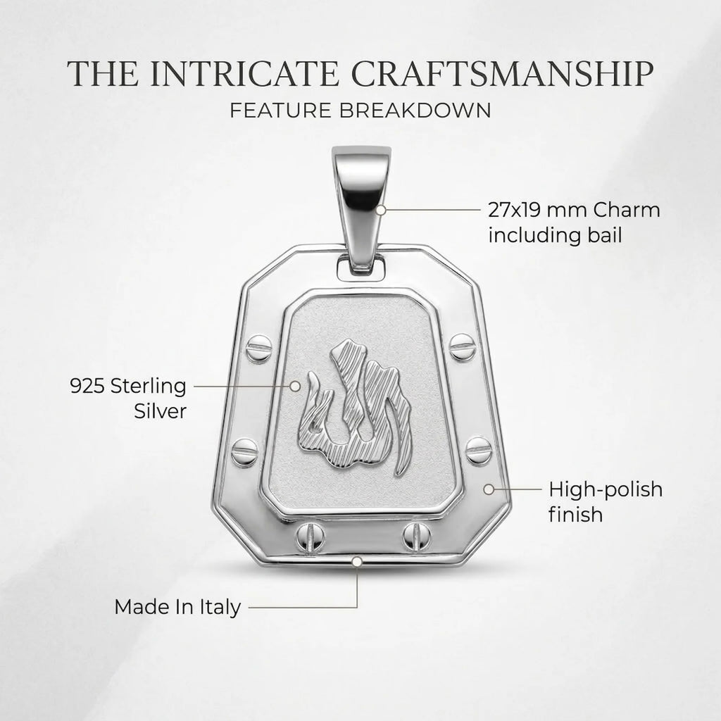 Feature diagram of an Italian 925 silver Allah pendant showing its 27 by 19 mm dimensions, polished frame and rhodium finish.